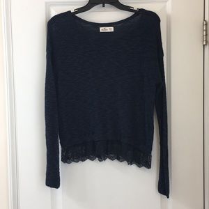 Lightweight navy sweater with lace trim